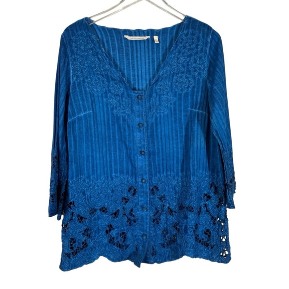Soft Surroundings Tops - SOFT SURROUNDINGS Esme Women's Small Blue Embroidered Lace Boho V-Neck Tunic